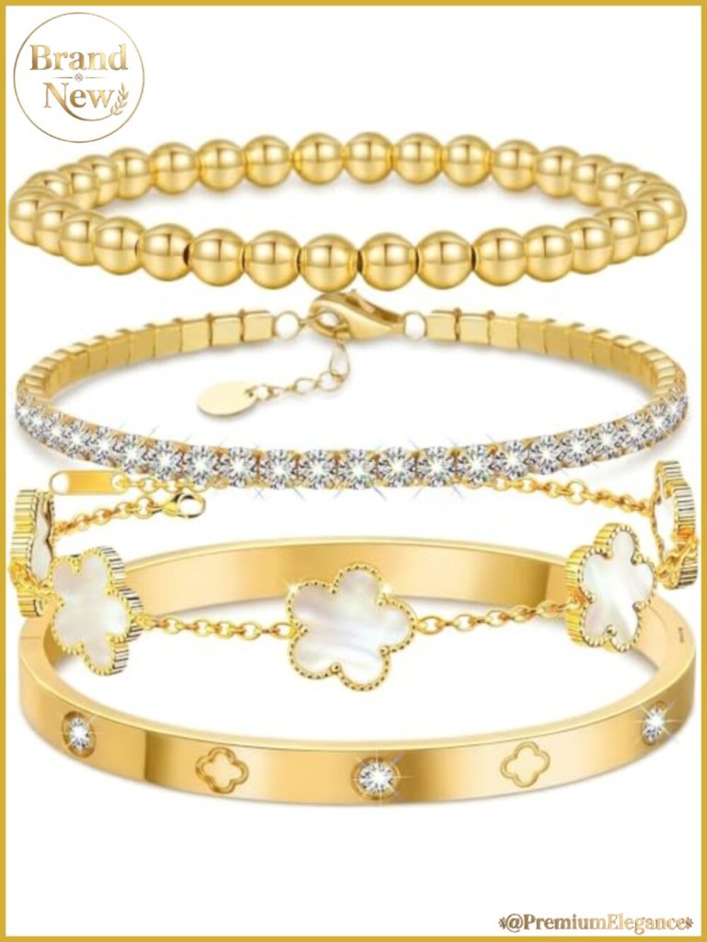 18K Gold Plated 4 Piece Bracelet Set with Clover Design